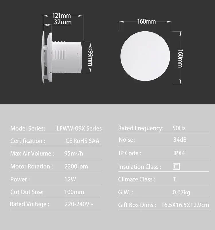 230V Duct 4" 100MM Wall Ceiling  Bathroom Axial  Ventilator Fan Ball Bearing Motor with Back Valve