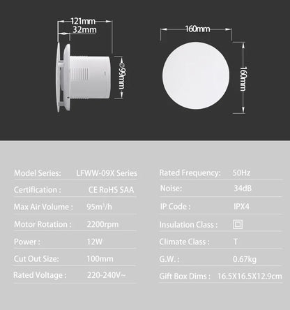 230V Duct 4" 100MM Wall Ceiling  Bathroom Axial  Ventilator Fan Ball Bearing Motor with Back Valve