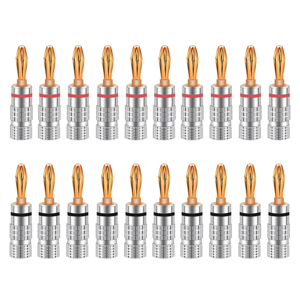 20pcs/10pairs BANANA PLUGS 24K Gold-plated 4MM Banana Connector with Screw Lock For Audio Jack Speaker Plugs Black&Red