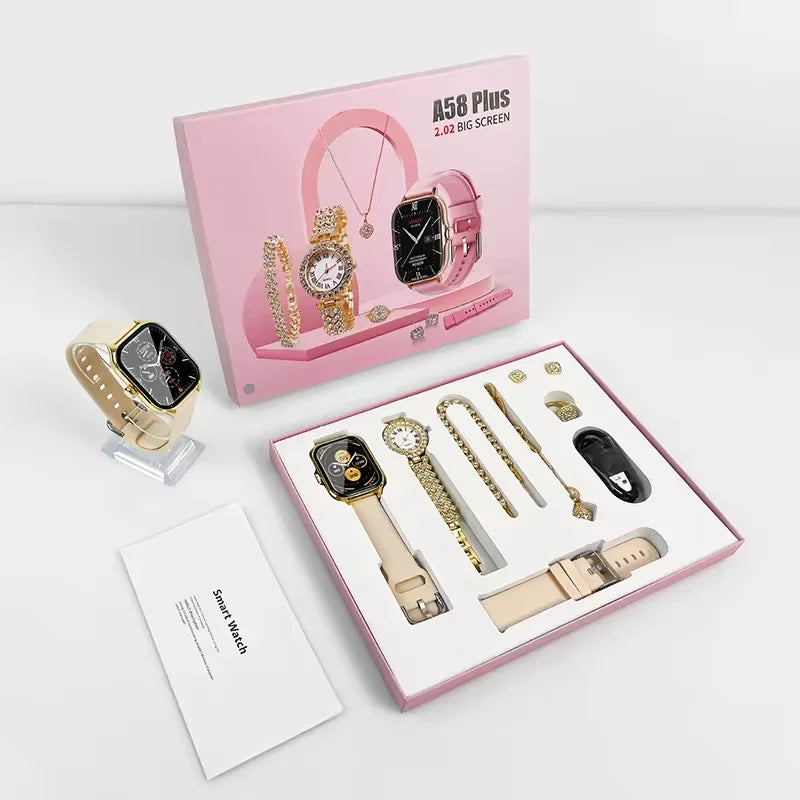 Hot Selling 7 in 1 Set A58 Plus Suit with 2 Straps Earrings Bracelets Necklaces Set BT Call 1.91INCH Women Smartwatch