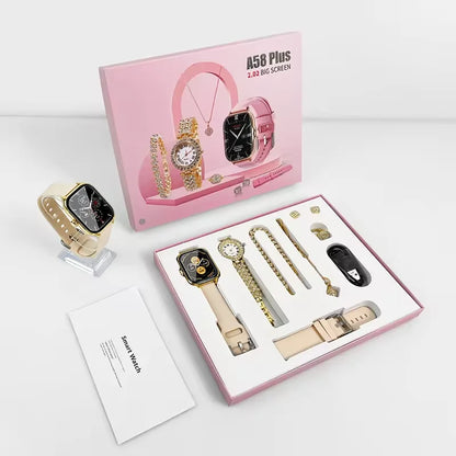 Hot Selling 7 in 1 Set A58 Plus Suit with 2 Straps Earrings Bracelets Necklaces Set BT Call 1.91INCH Women Smartwatch