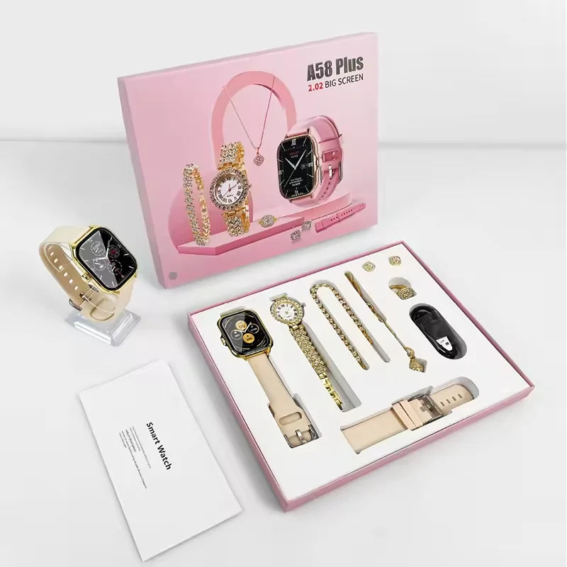 Hot Selling 7 in 1 Set A58 Plus Suit with 2 Straps Earrings Bracelets Necklaces Set BT Call 1.91INCH Women Smartwatch