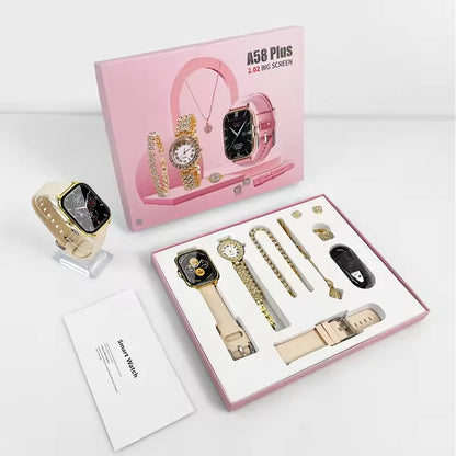 Hot Selling 7 in 1 Set A58 Plus Suit with 2 Straps Earrings Bracelets Necklaces Set BT Call 1.91INCH Women Smartwatch