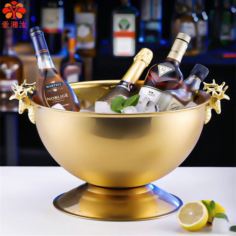 Aixiangru 13.5L Ice Bucket With Deer Head Handle Beer Holde Whiskey Wine Cooler Stainless Steel Champagne Basin Bar Accessories