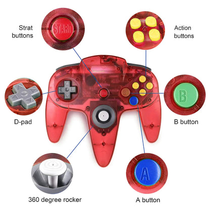 2PACK Retro N64 Wired Remote Joystick Gamepad Controller Compatible with N64 Video Game System Console (Red +Green)