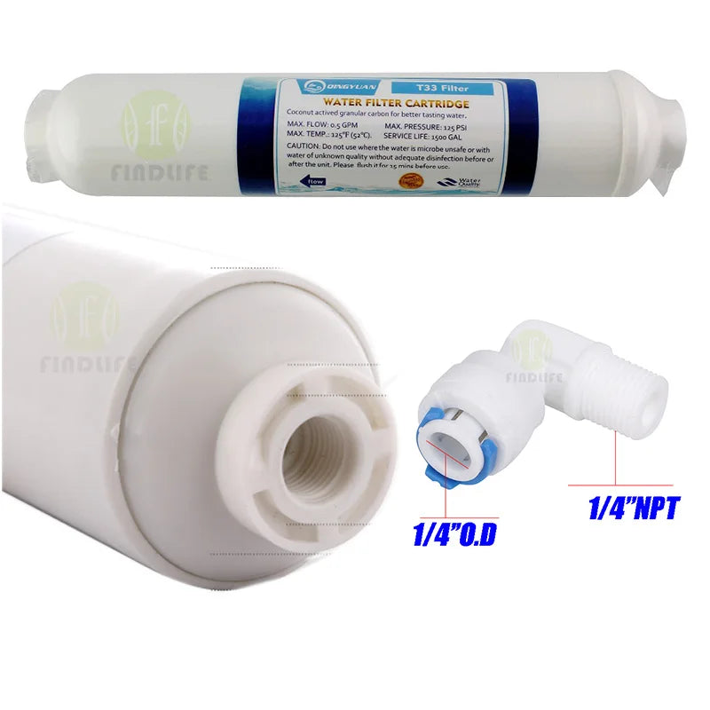 10 Inch T33 with fittings Water Purifier INLINE COCONUT Carbon Post  WATER FILTER 5MICRON CARBON  FILTER FOR REVERSE OSMOSIS