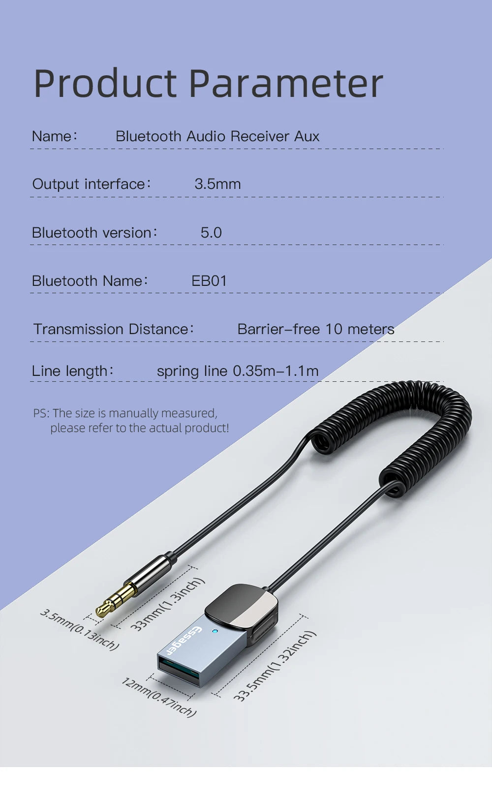 Essager Bluetooth-compatible Car Audio Cable Transmitter Wireless Receiver Car AUX 3.5mm Jack Adapter Cable Speaker Transmitter