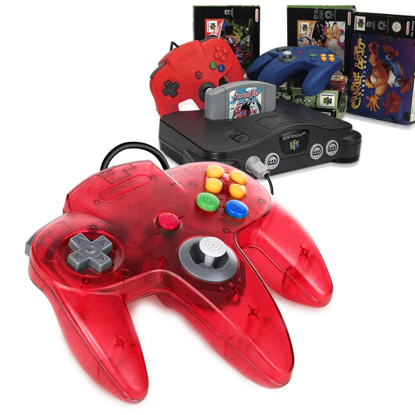 2PACK Retro N64 Wired Remote Joystick Gamepad Controller Compatible with N64 Video Game System Console (Red +Green)
