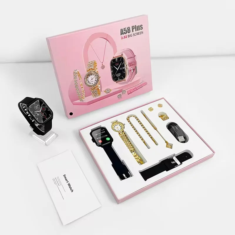 Hot Selling 7 in 1 Set A58 Plus Suit with 2 Straps Earrings Bracelets Necklaces Set BT Call 1.91INCH Women Smartwatch