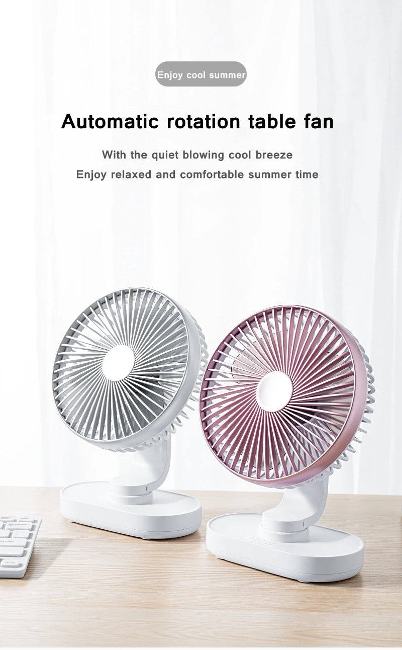 Electric USB Auto Rotation Desktop Fan 3600mAh Rechargeable Air Cooling Conditioner 4 Speed Wind Silent Portable for Home Office