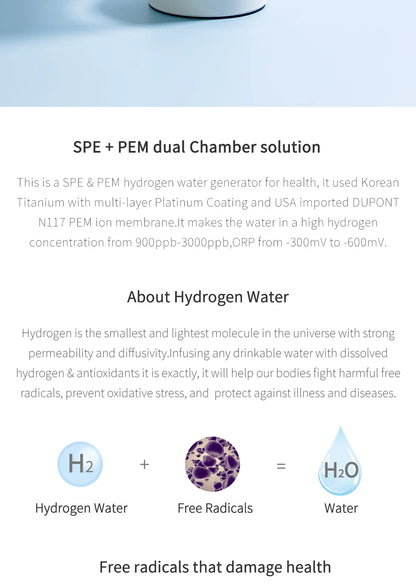 Max 3000ppb Hydrogen Rich Water Generator- 3 in 1 use(Breath with tube) DuPont SPE+PEM Dual Chamber H2 electrolysis Water Bottle
