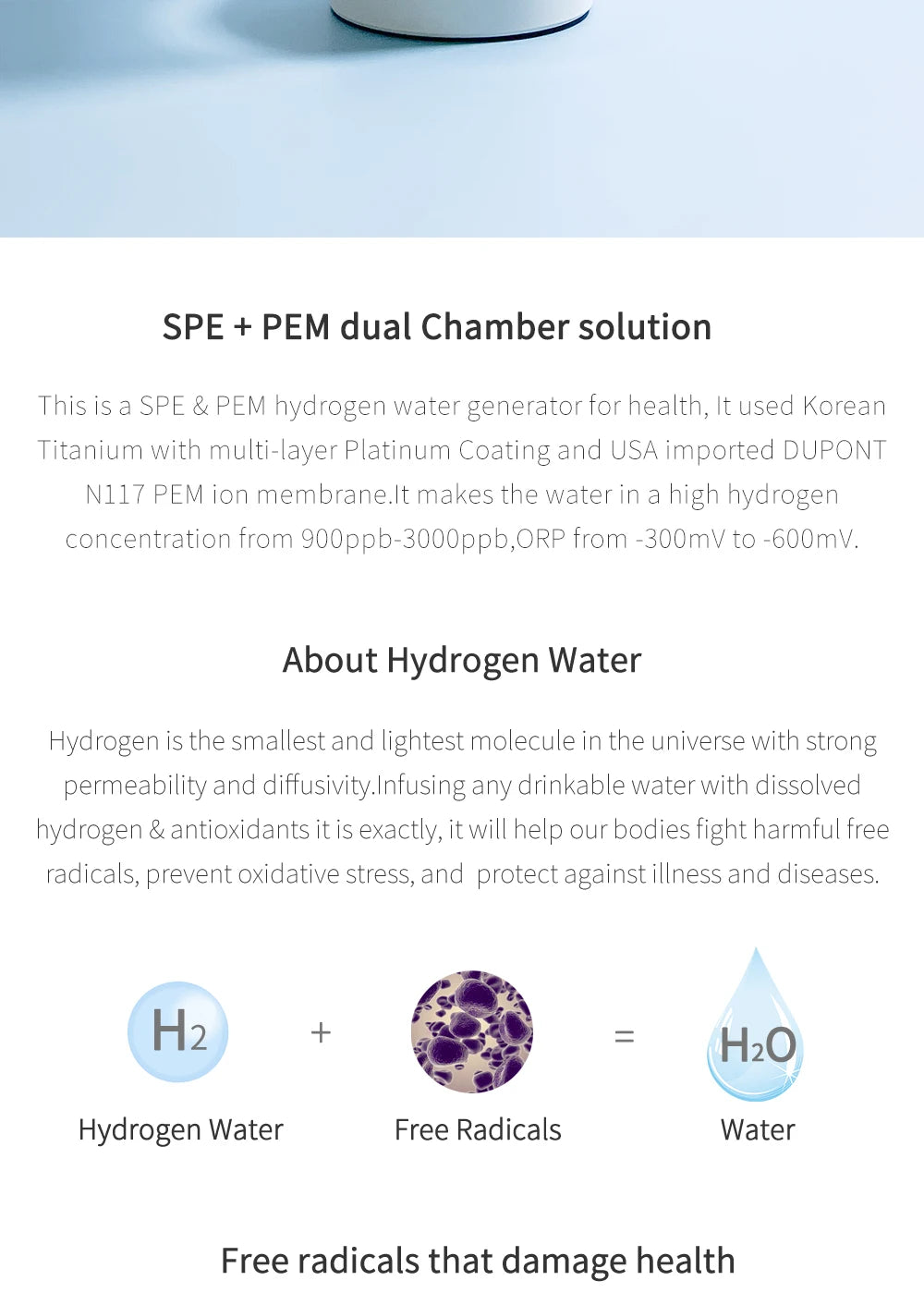 Max 3000ppb Hydrogen Rich Water Generator- 3 in 1 use(Breath with tube) DuPont SPE+PEM Dual Chamber H2 electrolysis Water Bottle