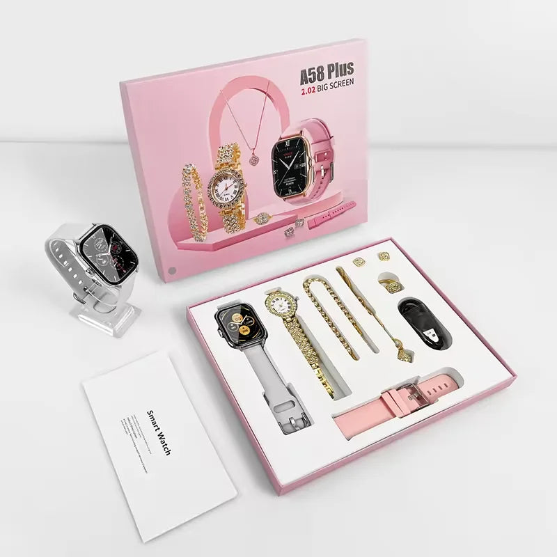 Hot Selling 7 in 1 Set A58 Plus Suit with 2 Straps Earrings Bracelets Necklaces Set BT Call 1.91INCH Women Smartwatch