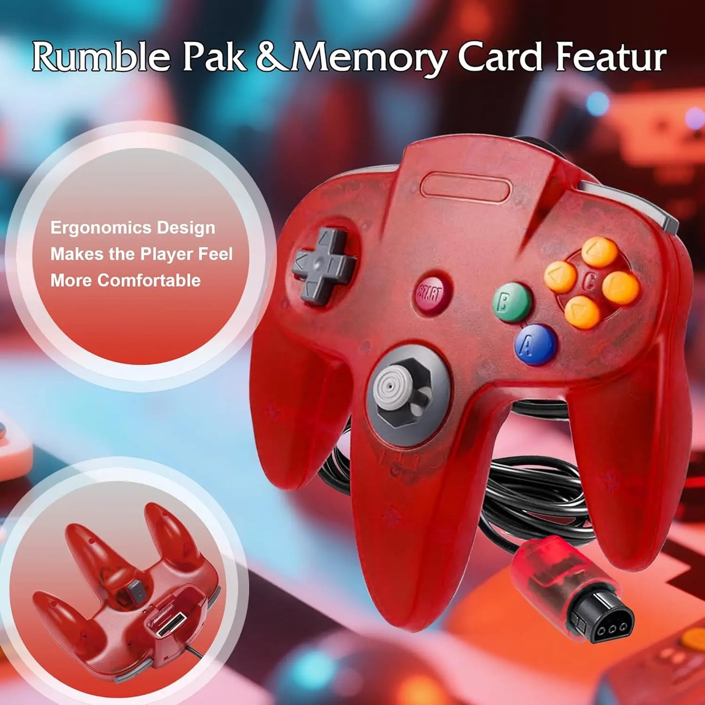 2PACK Retro N64 Wired Remote Joystick Gamepad Controller Compatible with N64 Video Game System Console (Red +Green)