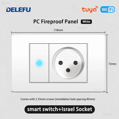DELEFU White Retardant PC Israel USB Type C Fast Charging Wall Socket Light Tuya Wifi Smart Switch Sat TV Tel Doorbell Curtain