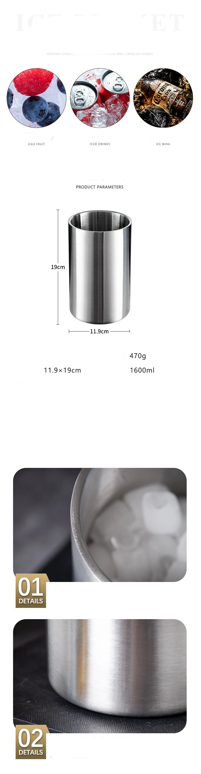 1600ML Ice Bucket- Double Stainless Steel Insulated Durable Portable Summer Drinks Champagne Beer for Outdoor Picnics Bar Events