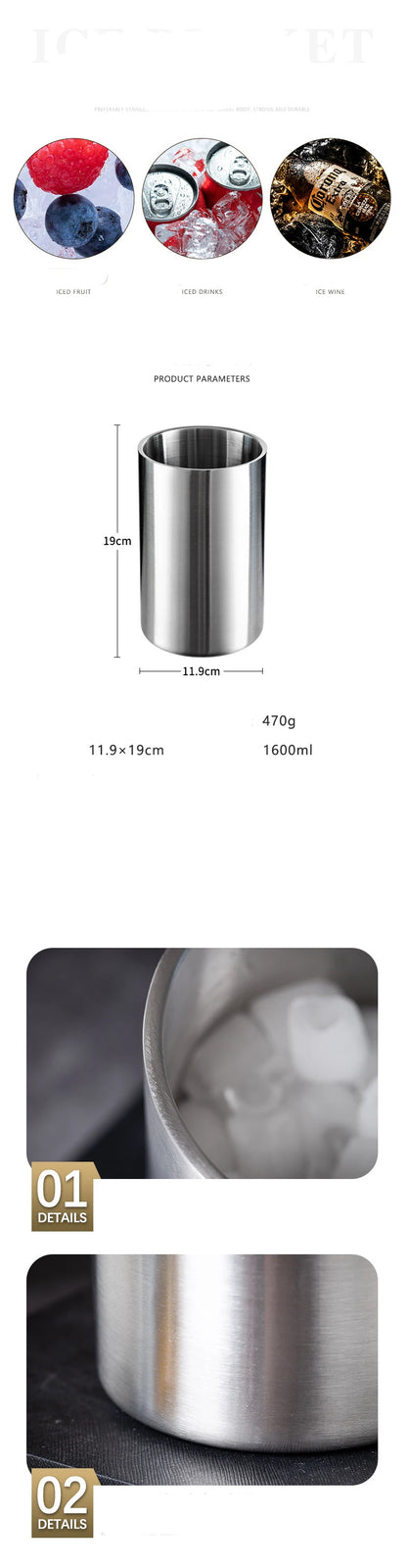 1600ML Ice Bucket- Double Stainless Steel Insulated Durable Portable Summer Drinks Champagne Beer for Outdoor Picnics Bar Events