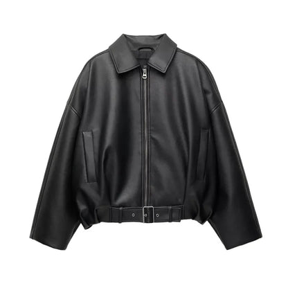 Vintage PU Leather Bomber Jackets 2025 Autumn New Ladies Zipper Lapel Long Sleeve Pocket Coat With Belt Women's Loose Streetwear