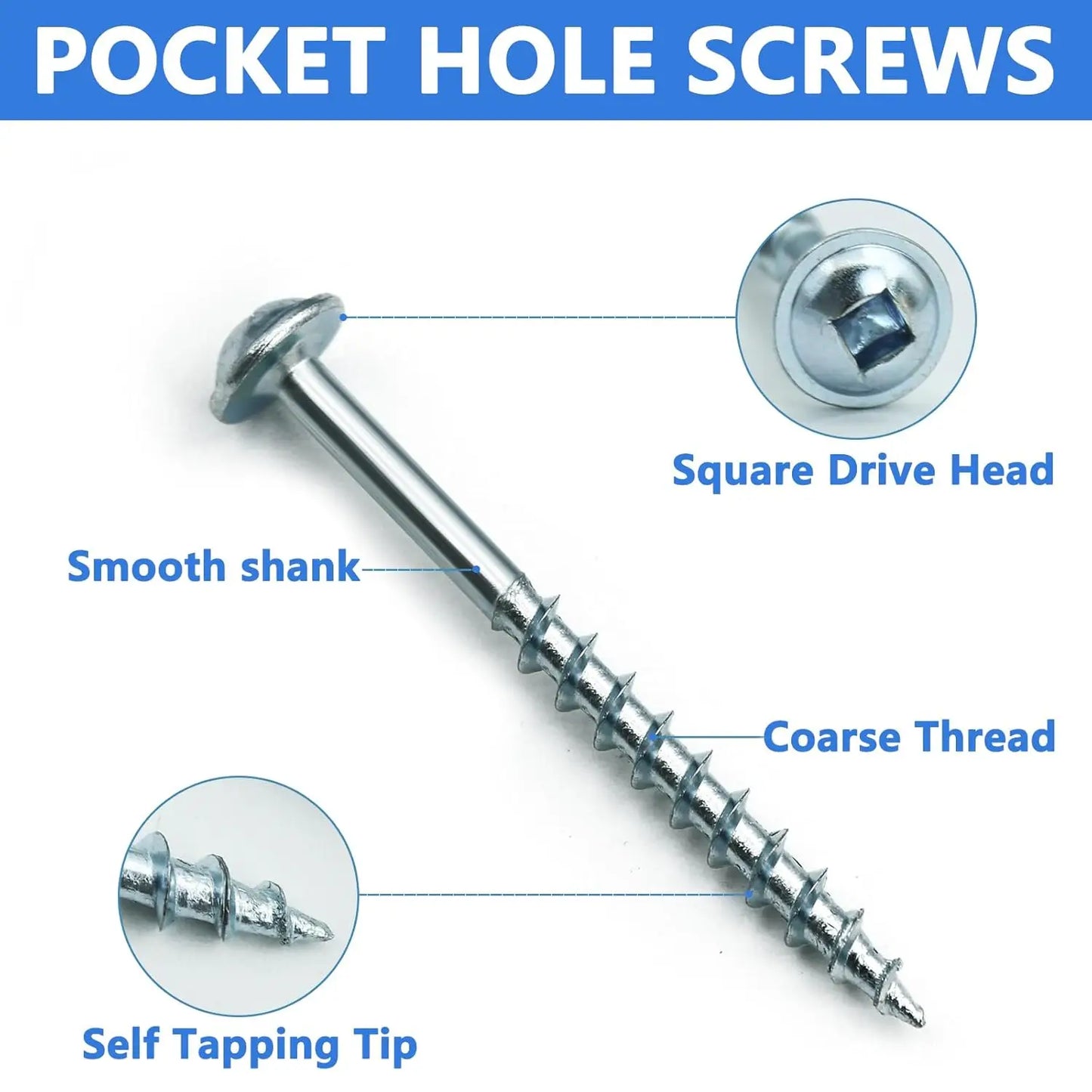 350 PCS Pocket Hole Screws Assortment Kit, 5 Sizes #8 x 1, 1-1/4", 1-1/2", 2", 2-1/2",Square Drive Self Tapping Coarse Thread Wo