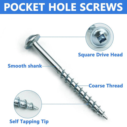 350 PCS Pocket Hole Screws Assortment Kit, 5 Sizes #8 x 1, 1-1/4", 1-1/2", 2", 2-1/2",Square Drive Self Tapping Coarse Thread Wo