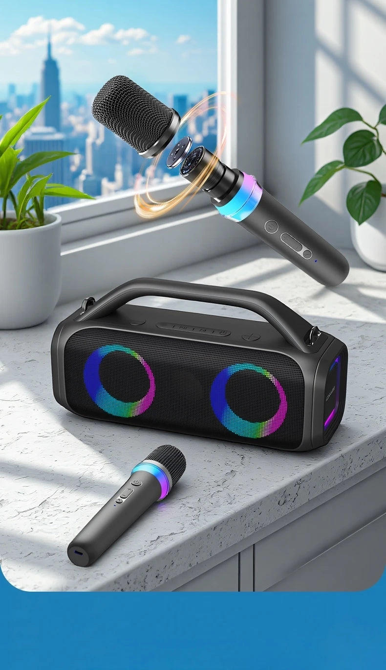 Karaoke Machine for Adults, Portable Bluetooth Speaker with 2 Wireless Microphones, Portable PA System with Disco Lights