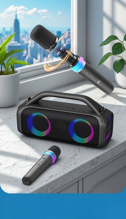 Karaoke Machine for Adults, Portable Bluetooth Speaker with 2 Wireless Microphones, Portable PA System with Disco Lights