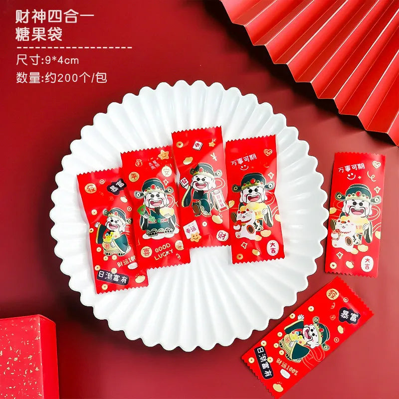 200Pcs 9x4cm Happy New Year Nougat Candy Sugar Bags Handmade DIY Gift Plastic Machine Sealed Packing