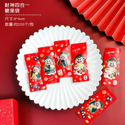 200Pcs 9x4cm Happy New Year Nougat Candy Sugar Bags Handmade DIY Gift Plastic Machine Sealed Packing