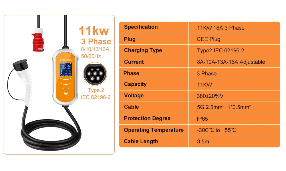 Type 2 Portable EV Charger Appointment time 11KW 16A 3 Phase EVSE Charging Box Cable CEE Plug for Electric Vehicle Car
