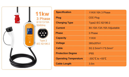 Type 2 Portable EV Charger Appointment time 11KW 16A 3 Phase EVSE Charging Box Cable CEE Plug for Electric Vehicle Car