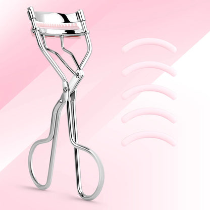 1 portable eyelash curler with 5 silicone pads, stainless steel eyelash curler, permanently shaping big eyes.