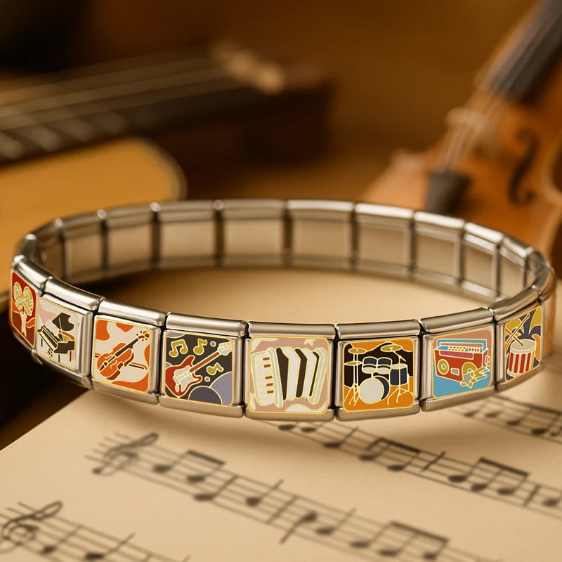 Hapiship 2024 Women's Gift Music Guitar Piano Italian Charms Links Beads Fit 9mm Stainless Steel Bracelet DIY Jewelry DJ1319-B