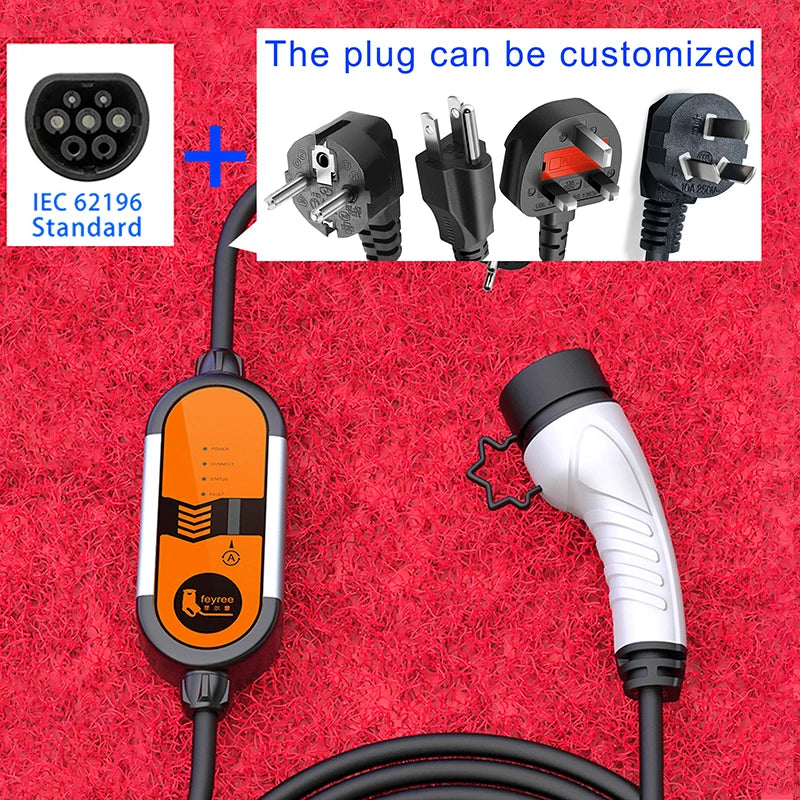 feyree Portable EV Charger Type2 IEC62196-2 16A EVSE Charging Cable Type1 SAE J1772 EU Plug Controller Wallbox for Electric Car