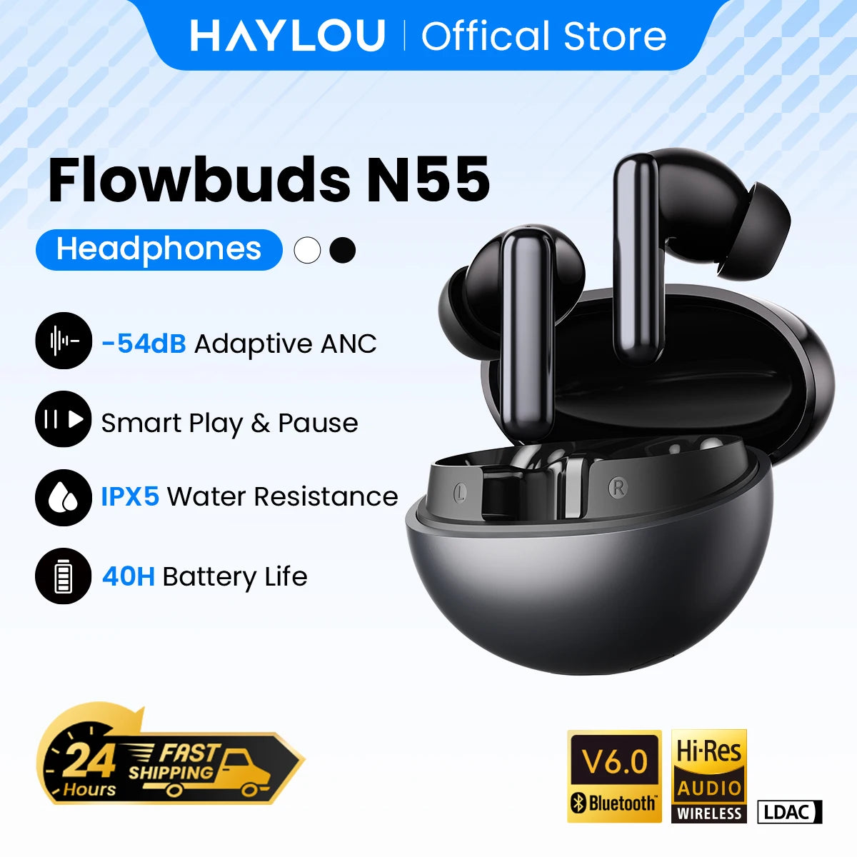 HAYLOU Flowbuds N55 Wireless Earbuds 54dB Adaptive ANC Bluetooth 6.0 LDAC Hi-Res Audio 6-Mic HD Call Earphones 40H Playback IPX5