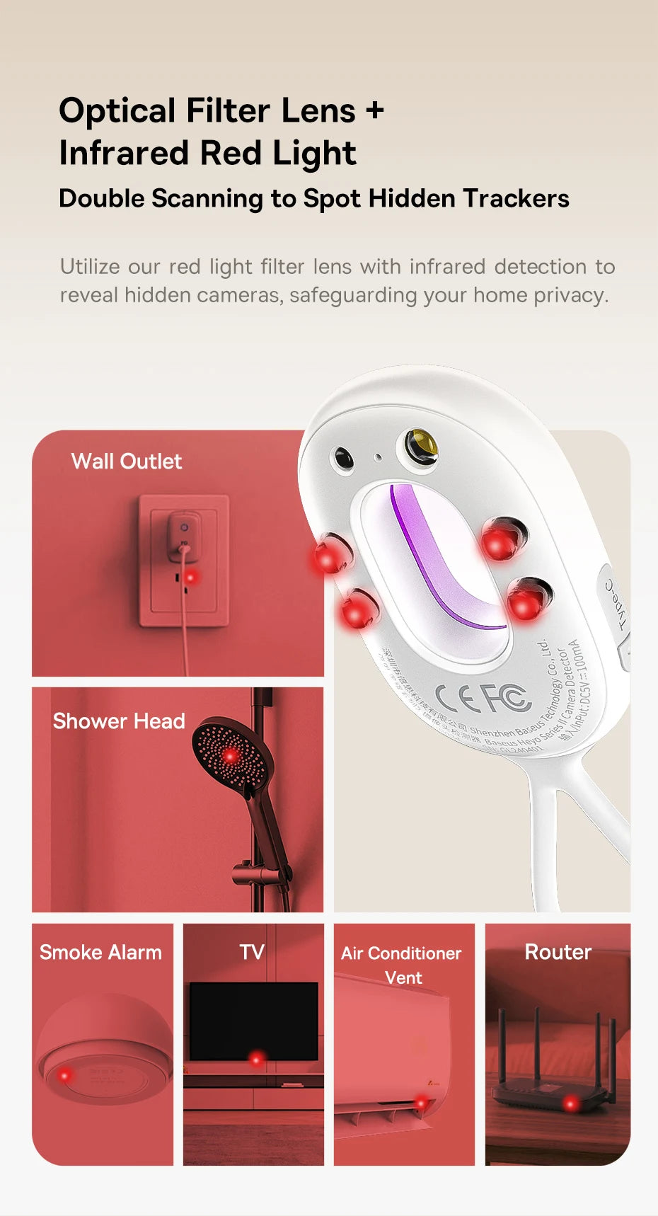 【New】Baseus Camera Detector Intelligent Hidden Camera Signal Gadget Security Alarm Anti Spy Candid Peeping Protection Detector
