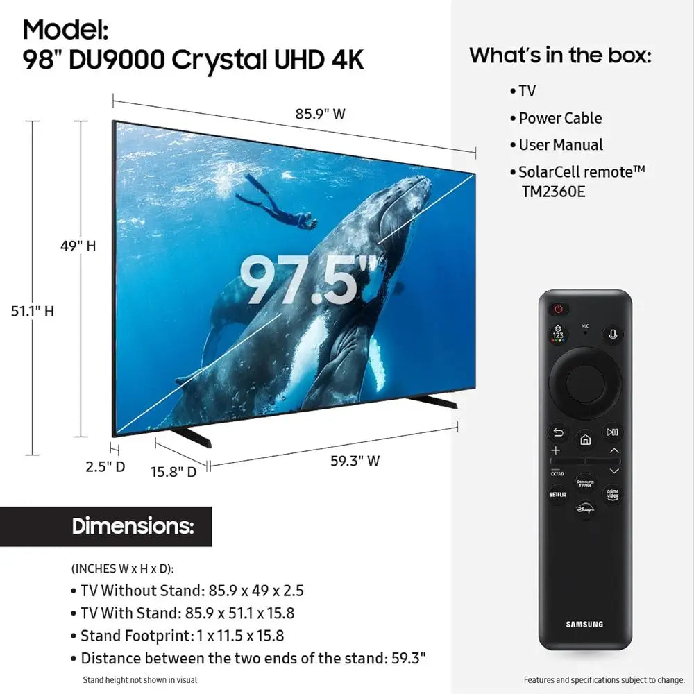 98-Inch Class 4K Crystal UHD DU9000 Series HDR Smart TV, Object Tracking Sound Lite, Motion Xcelerator 120Hz, Supersize Picture