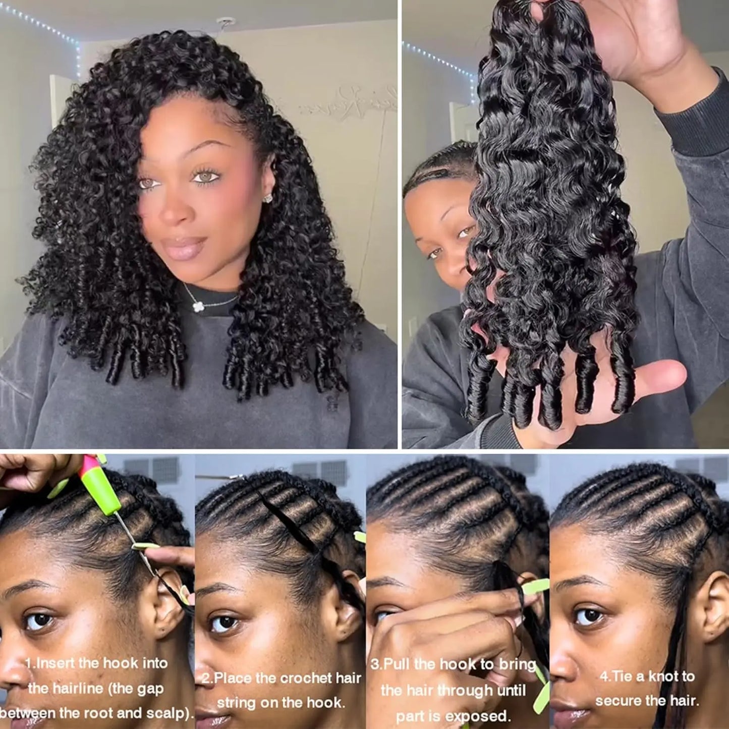 Burmese Curly Crochet Human Hair Pre Looped Deep Wave Human Hair Crochet Miracle Knots Feathered Human Crochet Hair Extensions
