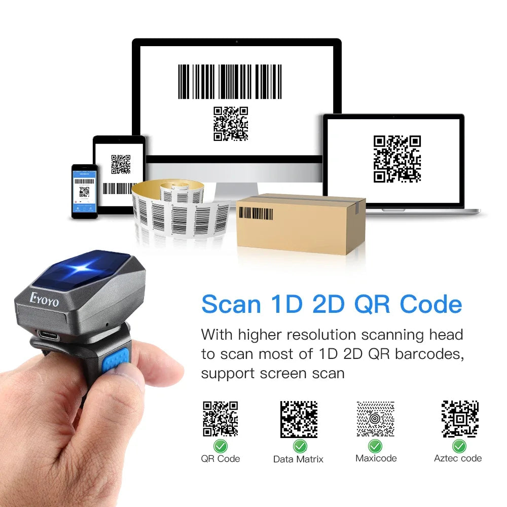 Eyoyo EY-016 Finger Ring Barcode Scanner Mini Wearable 3-in-1 USB Wired & 2.4G Wireless QR Reader for Store Warehouse Scanning