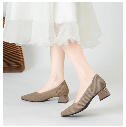2025 New Women's High Heels Large 42/43 Fashion Pointed Anti slip Rubber Bottom Knitted Breathable Shoes
