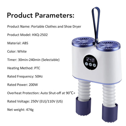 Portable Shoe Dryer with Fan Hot Air Heater Moisture Odor Home Smart Ski Boot Shoes Gloves Socks Fast Drying Machine with Timer