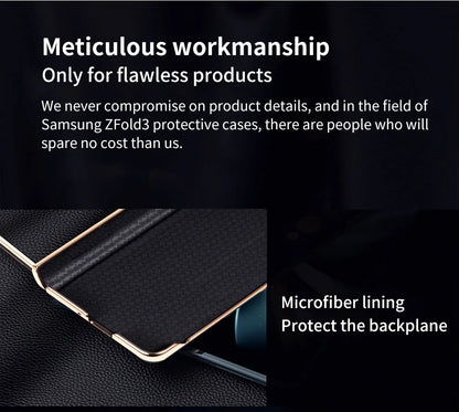 LANGSIDI Leather Case for Samsung Galaxy Z Fold 6 5 4 3 Fold6 Fold5 Gold Plating Magnetic Hinge Stand Cover with Mirror Film