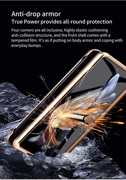 LANGSIDI Leather Case for Samsung Galaxy Z Fold 6 5 4 3 Fold6 Fold5 Gold Plating Magnetic Hinge Stand Cover with Mirror Film