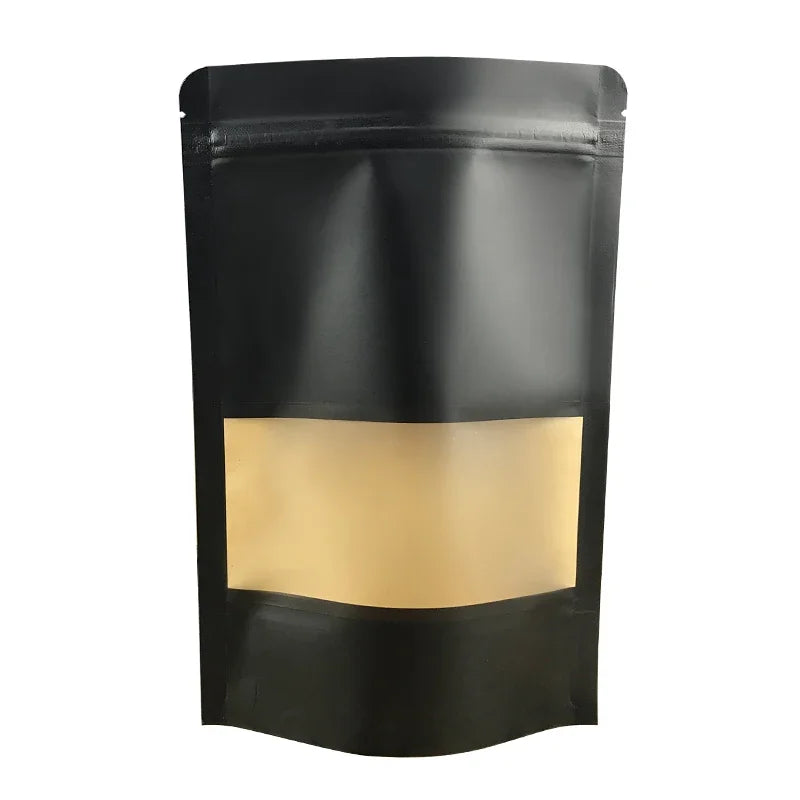 100pcs custom logo Wholesale Black Kraft Paper Stand up Pouch with Window Reusable Food Packaging Zip Lock Bag