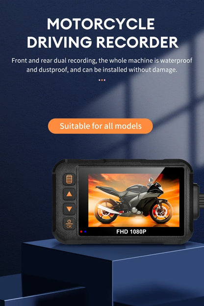 3 Inch Motorcycle Dashcam Waterproof Motorcycle Camera DVR Front 720P & Rear 480P Camera Video Loop Recorder Black Night Vision