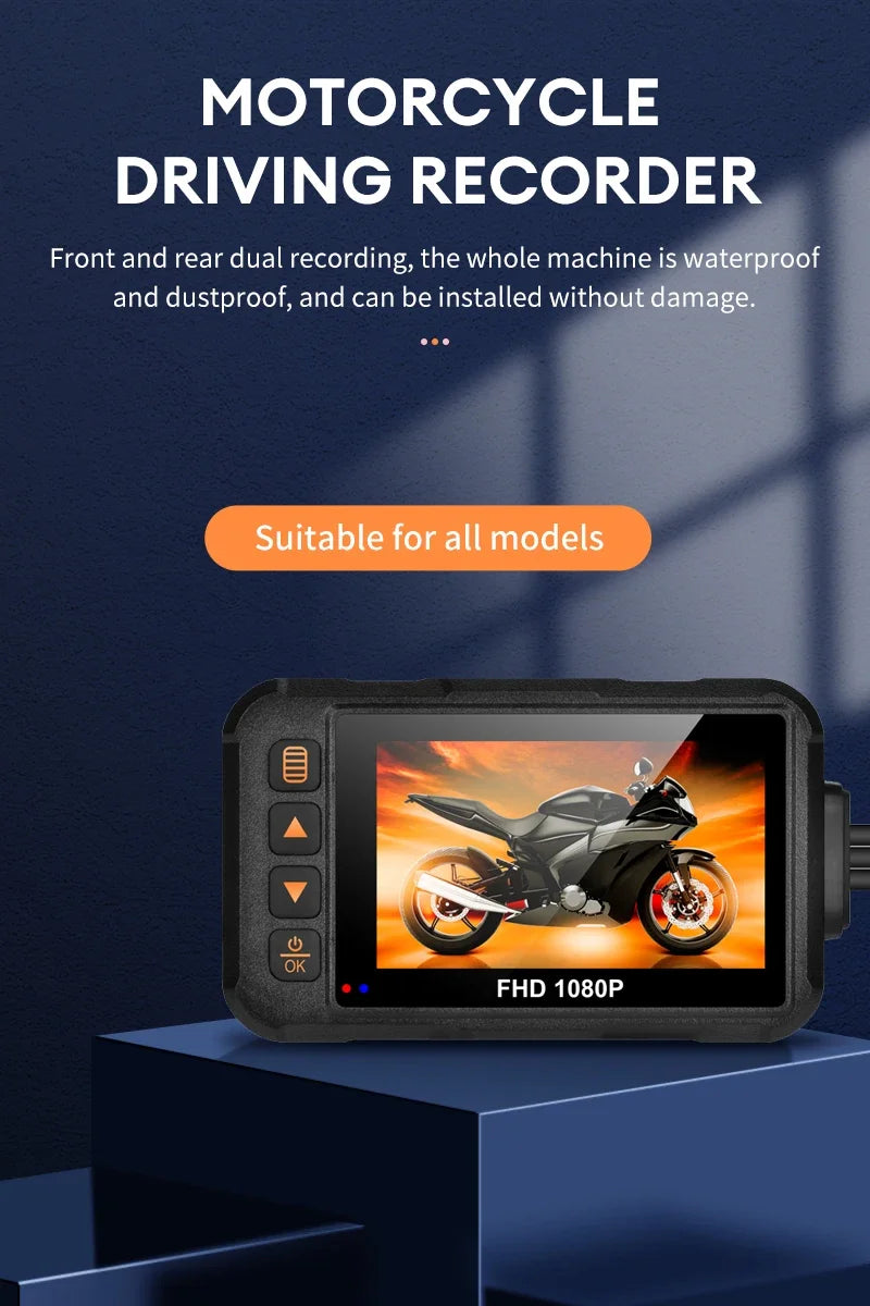 3 Inch Motorcycle Dashcam Waterproof Motorcycle Camera DVR Front 720P & Rear 480P Camera Video Loop Recorder Black Night Vision