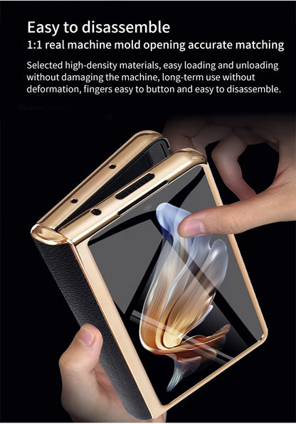 LANGSIDI Leather Case for Samsung Galaxy Z Fold 6 5 4 3 Fold6 Fold5 Gold Plating Magnetic Hinge Stand Cover with Mirror Film