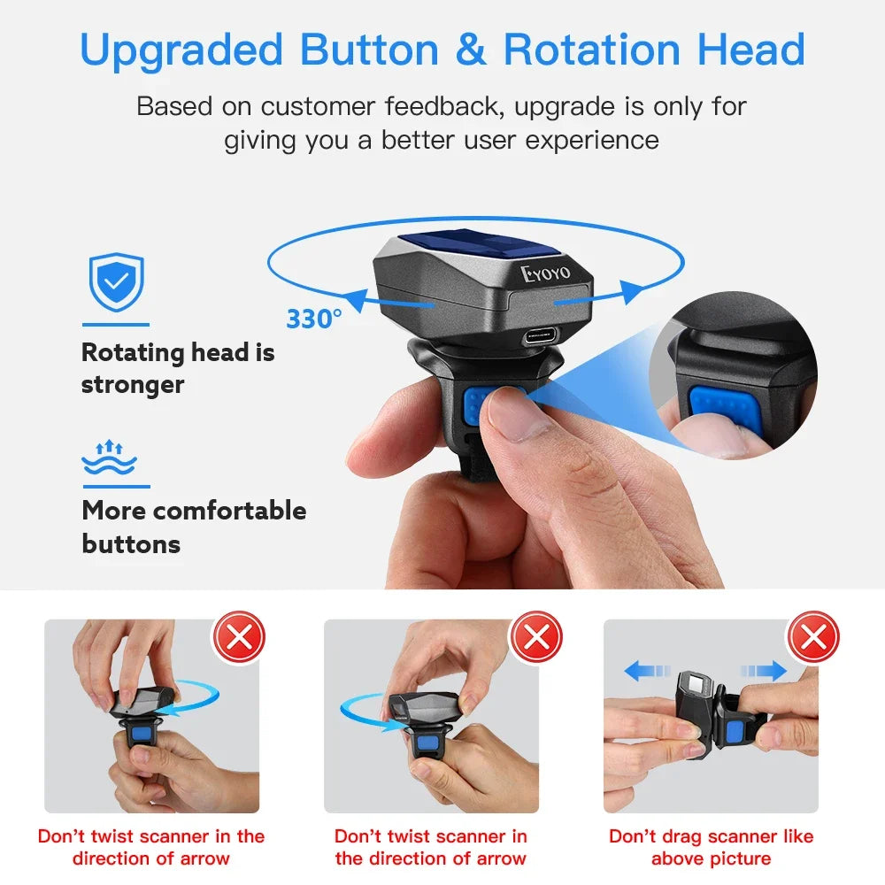 Eyoyo EY-016 Finger Ring Barcode Scanner Mini Wearable 3-in-1 USB Wired & 2.4G Wireless QR Reader for Store Warehouse Scanning