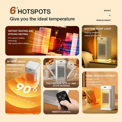 Portable PTC ceramic electric heater with multi-stage adjustment, silent, small household fan and night light heater.