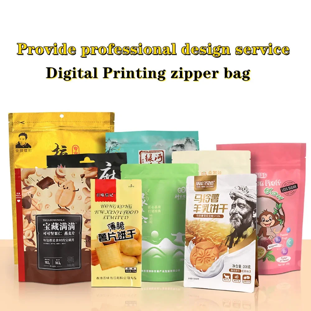Custom Digital Print Resealable Stand up Pouch Bag Food Grade Plastic with Zipper for Candy Sweets Nuts Cookies Doypack