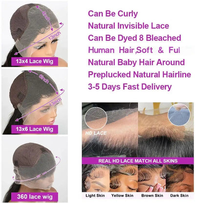 40 50 Inch 13x4 13x6 HD Transparent Bone Straight Lace Front Wigs 250 Density 360 Full Lace Brazilian Human Hair Wigs For Women